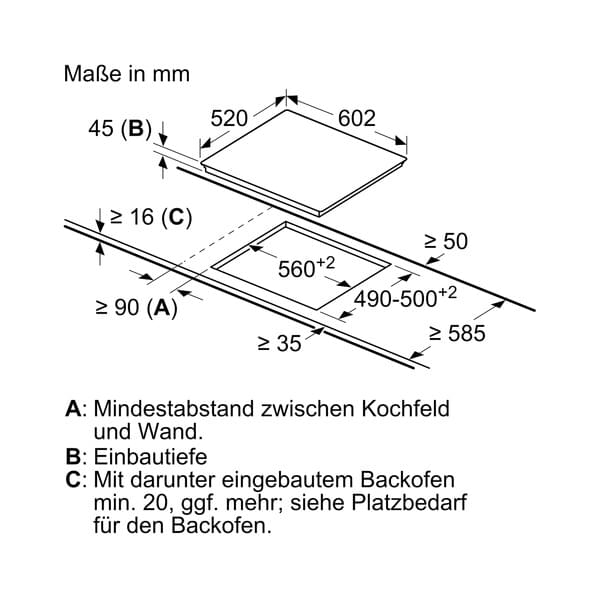 Induktionskochfeld, Glaskeramik, schlank, Einbau, Abmessungen 560x490
