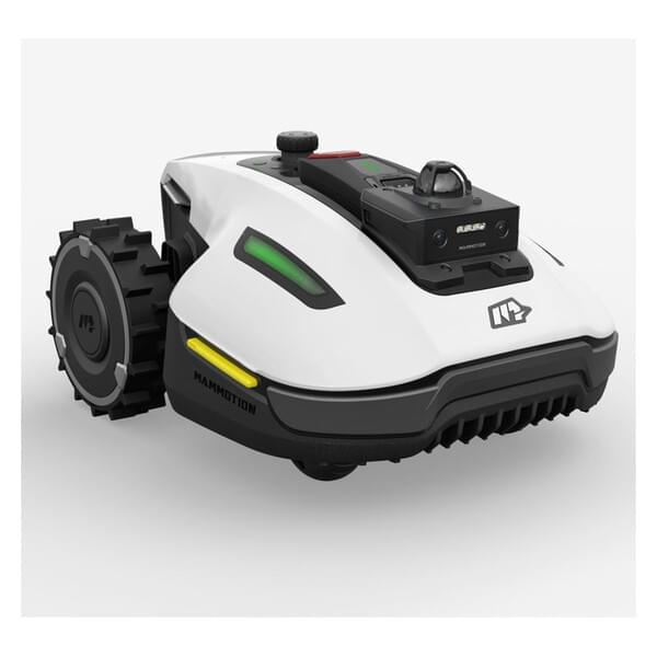 Rasenroboter, automatischer Mäher, weißer Rasenmäher, grünes Licht, Radsystem im Motorsportstil