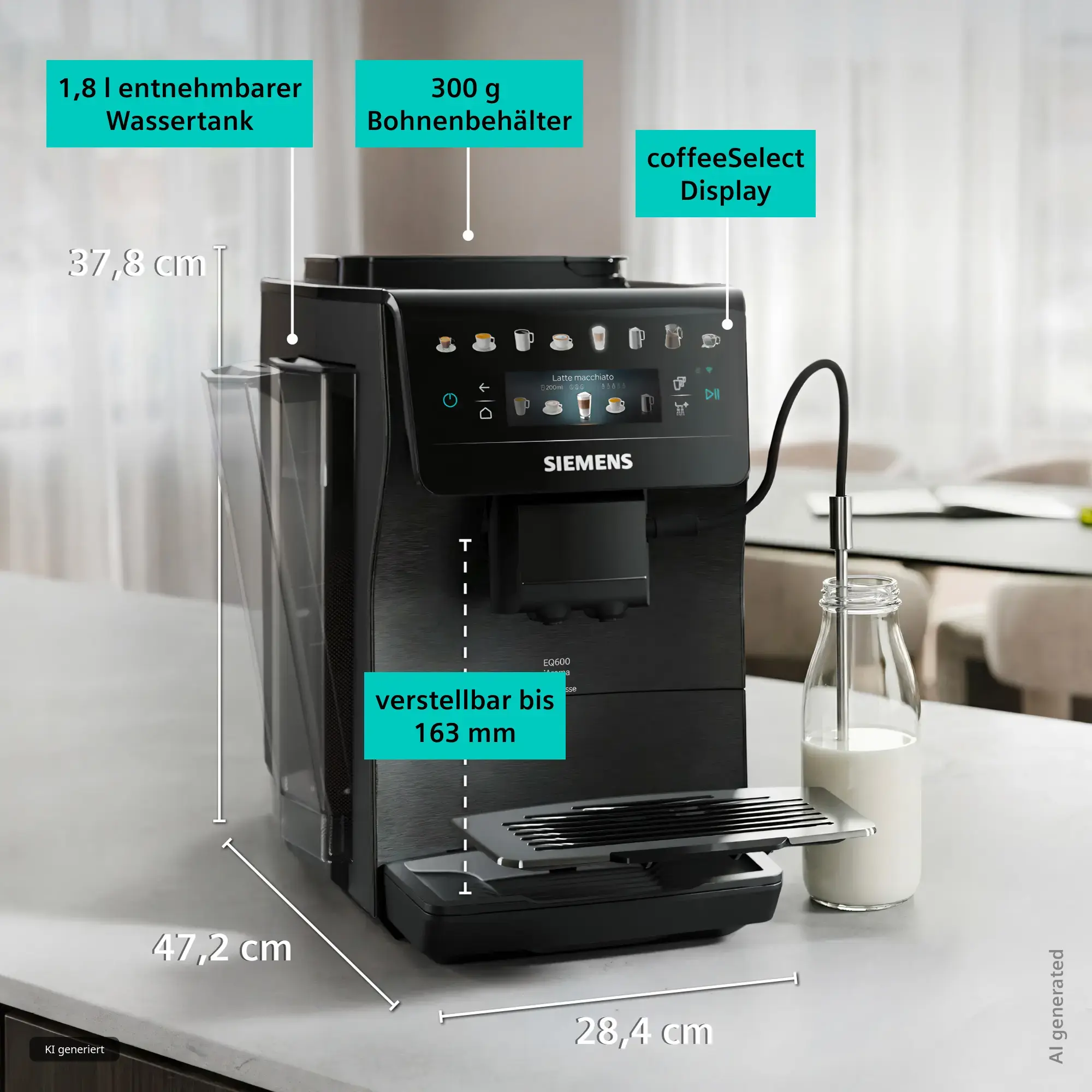 Kaffeemaschine, Espresso, Bohnenbehälter, Abtropfschale, Touchscreen-Display