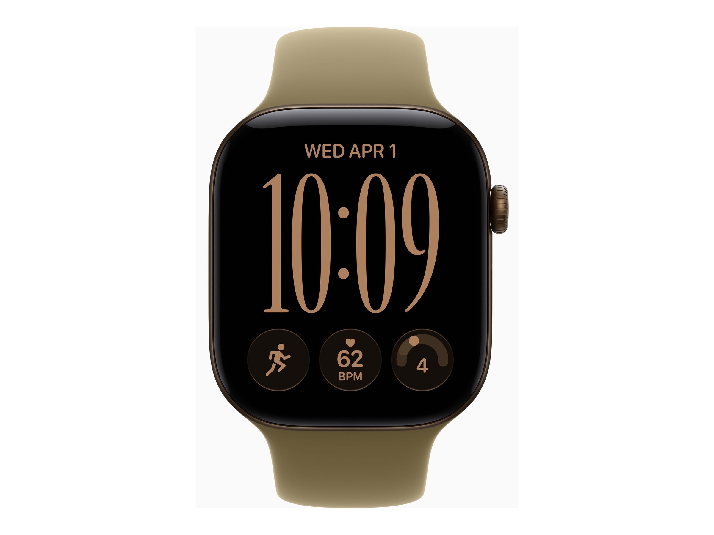 Smartwatch, Apple Watch, digitale Anzeige, brauner Armband, runde Ecken
