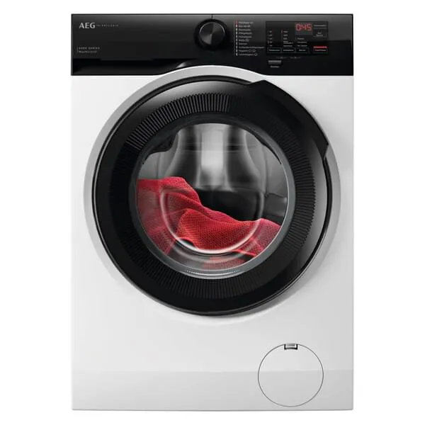 Waschmaschine, Frontlader, Türglas, weißes Haushaltsgerät, Trommel Innenraum rotes Tuch