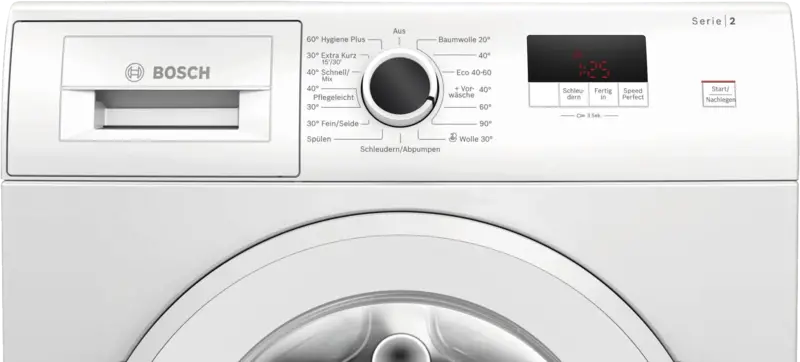 Waschmaschine, Frontlader, Bedienfeld Waschmaschine, Silbernes Gerät, Markenaufdruck nicht sichtbar