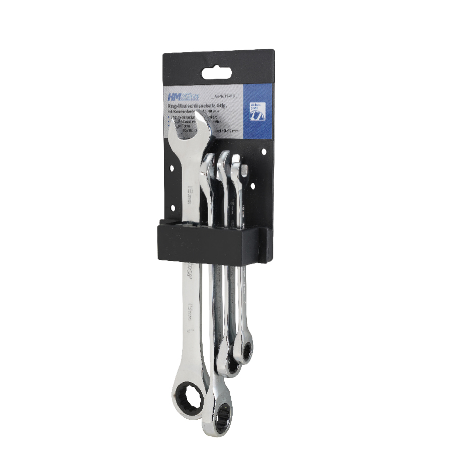 12-4PC Ring-Gabelschl.-Satz 4 tlg CV Ratsche,10-19 mm,Clip, gerade