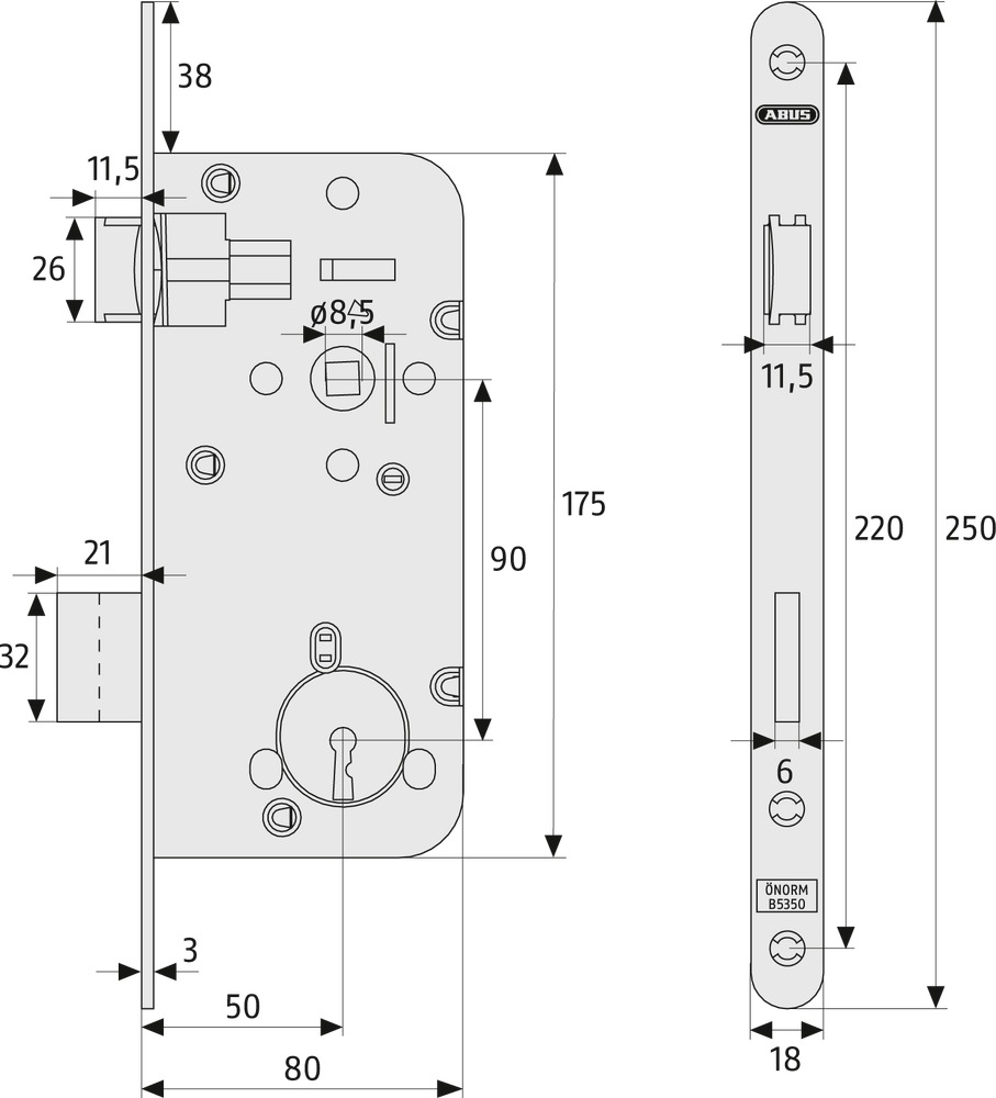Mittelschloss, Türknauf?, Metallbeschlag, Türschlossplatte, Abmessungen 250mm