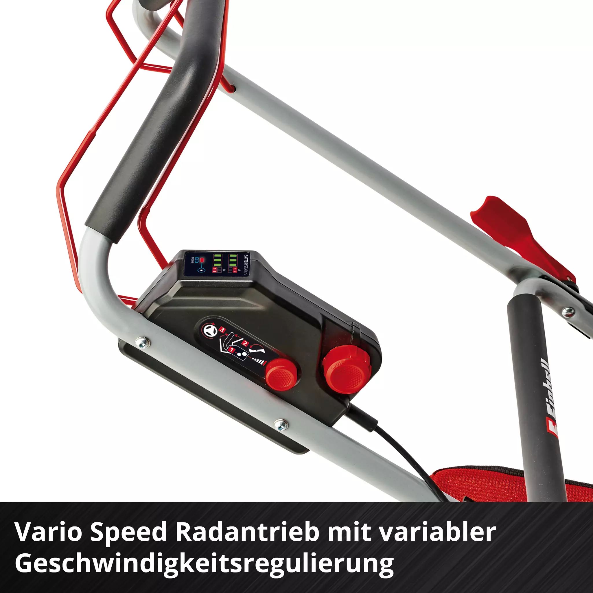 Geschwindigkeitssteuerung, ergonomischer Griff, roter Knopf, Motorengehäuse, einstellbare Geschwindigkeit