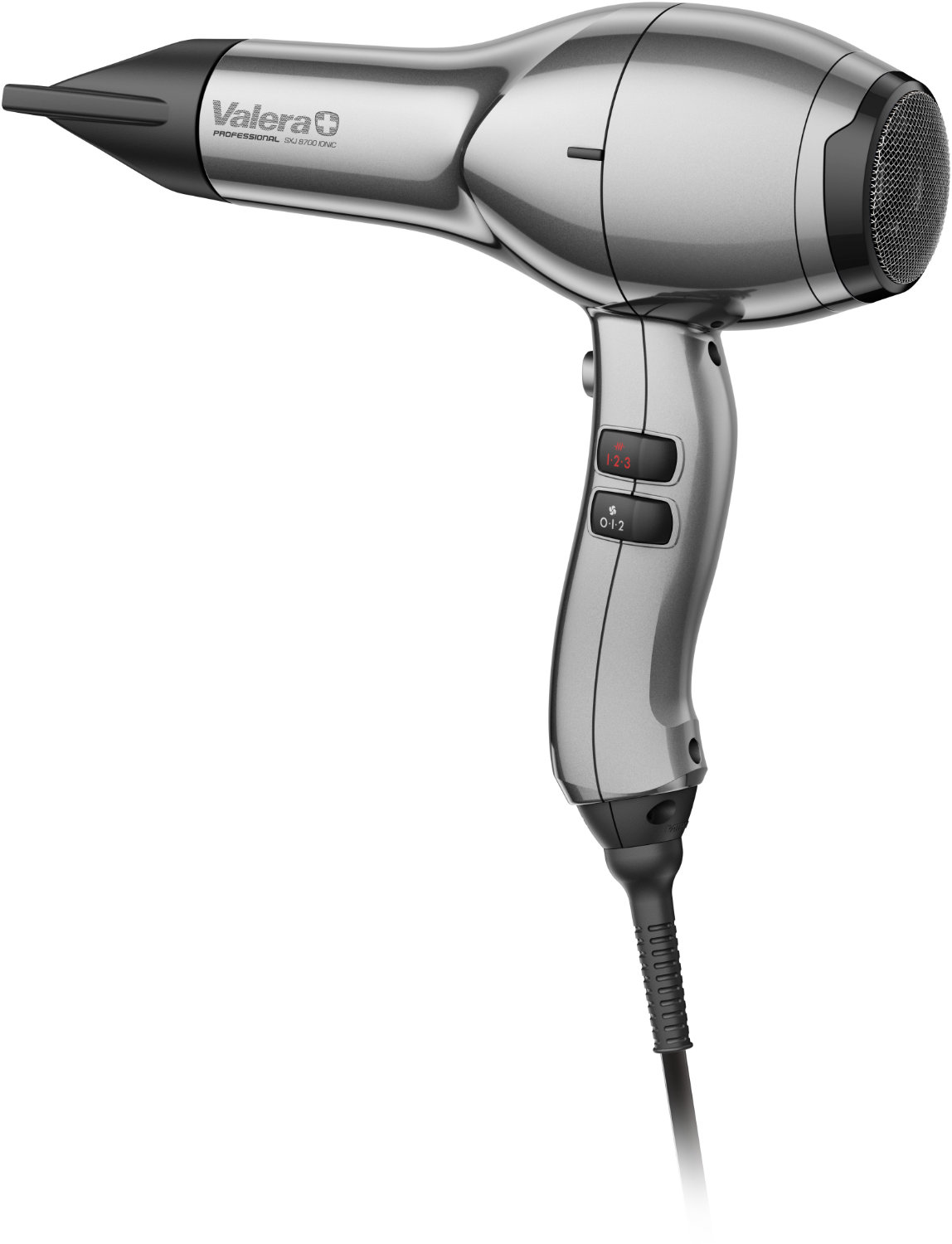 Haarföhn, professionell, metallisch, Kabel, Bedienelemente
