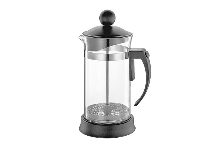 French Press, Glaskanne, Edelstahl, schwarzer Griff, Pressfilter