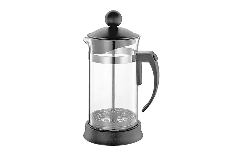 French Press, Glaskanne, Edelstahl, schwarzer Griff, Pressfilter