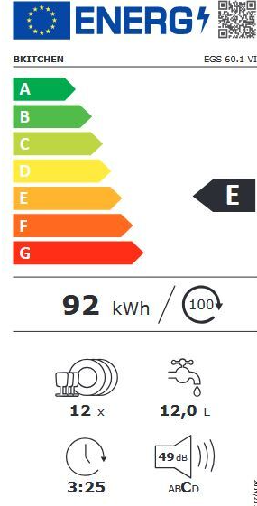 energielabel, Verbrauch, kWh, Kapazität 12 L, Lärm 49 dB