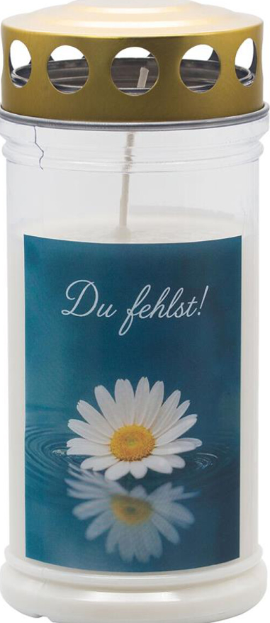 Kerze, Glasbehälter, blauer Etikett, Gänseblümchen Bild, Blumige Kerze