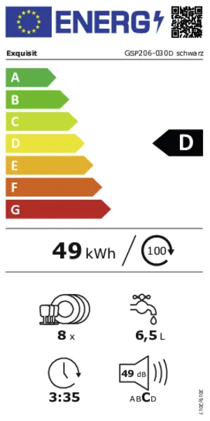 Elektrischer Wasserkocher, Kapazität 6,5 L, 8 Stück, 49 kWh, Energiekennzeichnung D