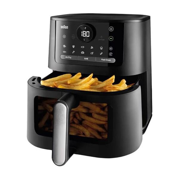 Fritteuse, digitales Display, schwarzes Gerät, Pommes, Griff Tray