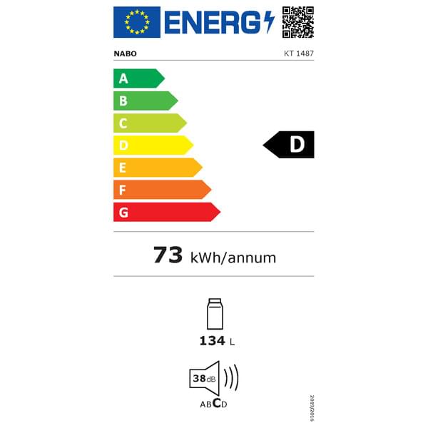 energiemklasse D, Stromverbrauch 73 kWh, Kapazität 134 L, Lärm 38 dB, Kühlschranksymbol