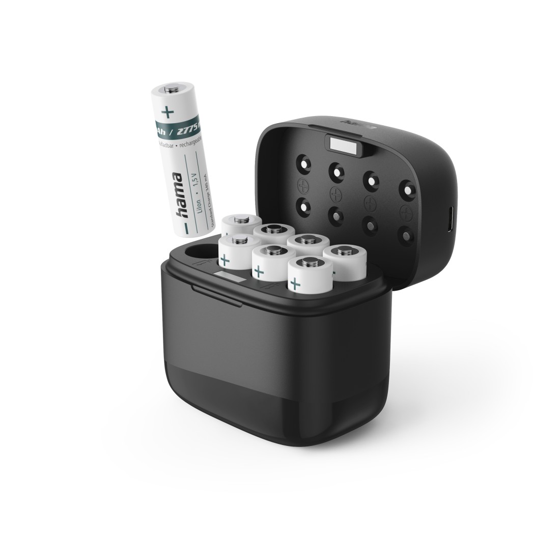 Batterieladegerät, Wiederaufladbare Batterien, USB-C, Schwarzes Ladegerät, LCD-Display