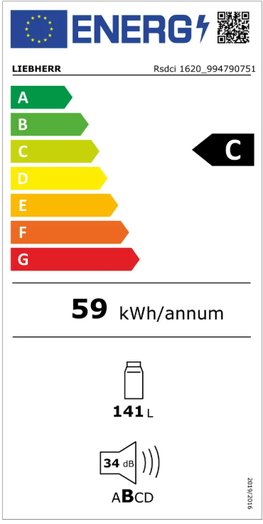 energiekennzeichnung, Kühlschrank, Kapazität 141L, Geräuschpegel 34dB, c Energieeffizienz