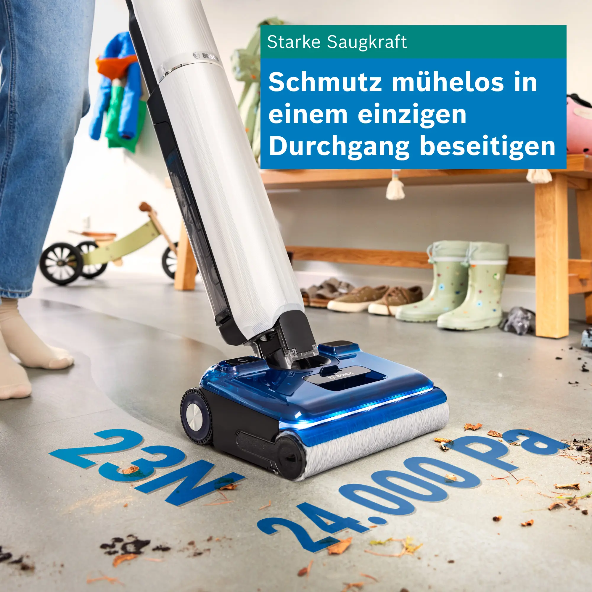 Staubsauger, Bodenreiniger, blau, kleine Räder, handlich
