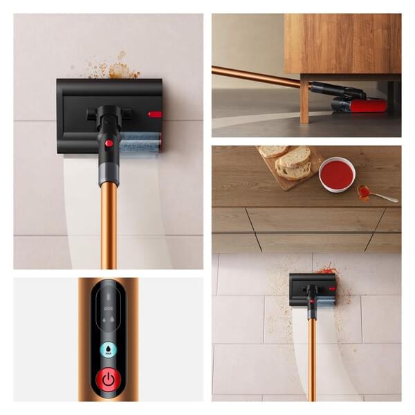 kabelloser staubsauger, bodenreinigung, roter knopf, orange farbener stab, an der wand montierbar