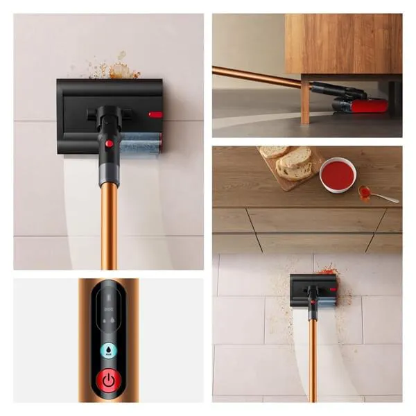 kabelloser staubsauger, bodenreinigung, roter knopf, orange farbener stab, an der wand montierbar