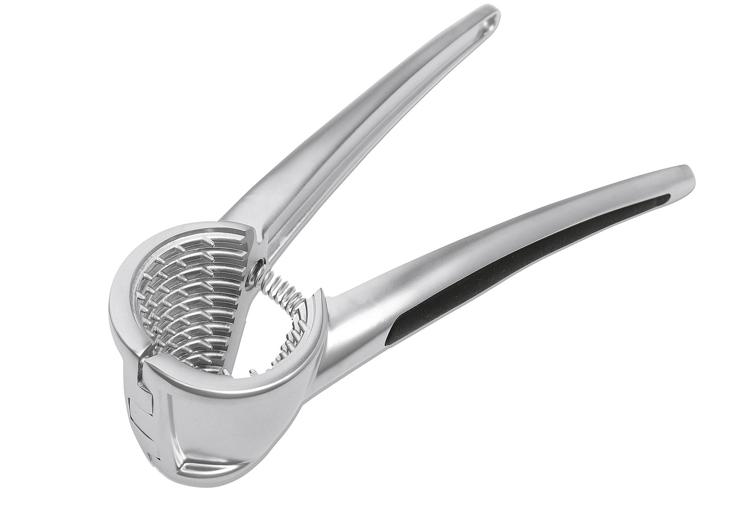 Knoblauchpresse, Edelstahl, Silber, Klappgriffe