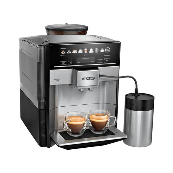 Kaffeemaschine, Espresso-Maschine, zwei Tassen, integrierter Mahlwerk, schwarz-silberne Optik