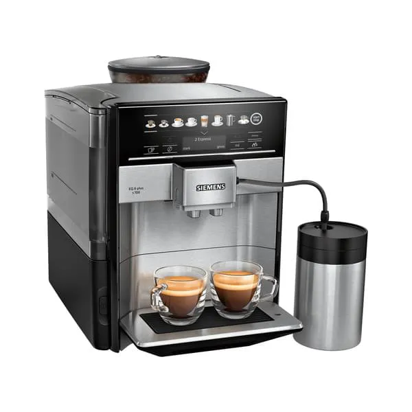 Kaffeemaschine, Espresso-Maschine, zwei Tassen, integrierter Mahlwerk, schwarz-silberne Optik