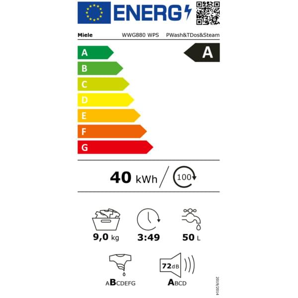 Waschmaschine, 40 kWh, 9,0 kg, 3:49, 50 L, Energieklasse A, Lautstärke 72dB, Baumwolle, T-Shirt Symbol