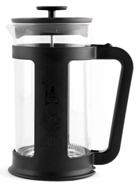 French Press, Glaskanne, schwarzer Rahmen, Pressfilter
