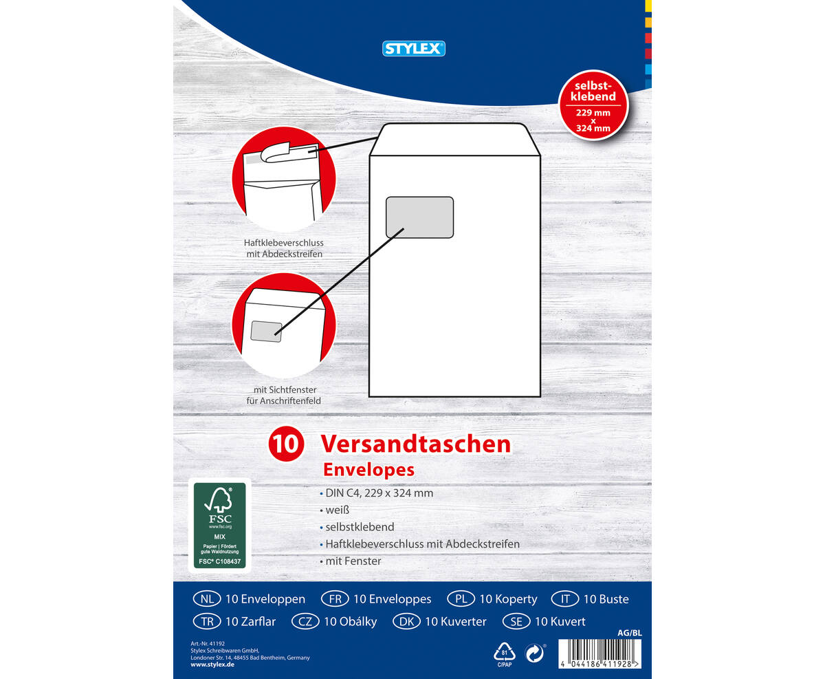 Stylex 665909 Versandtaschen DIN C4 m. Fenster haftklebend weiß 10 Stück
