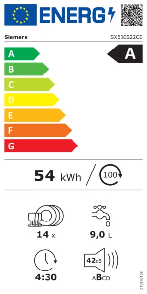 energielabel, 54 kWh, A Klasse, Geschirrspüler, Wasserverbrauch 9.0 L
