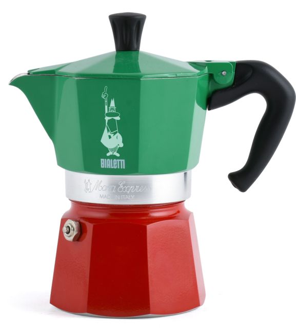 Espressokocher, Aluminium, Grün und rot, Schwarzer Griff, Achteckiger Boden