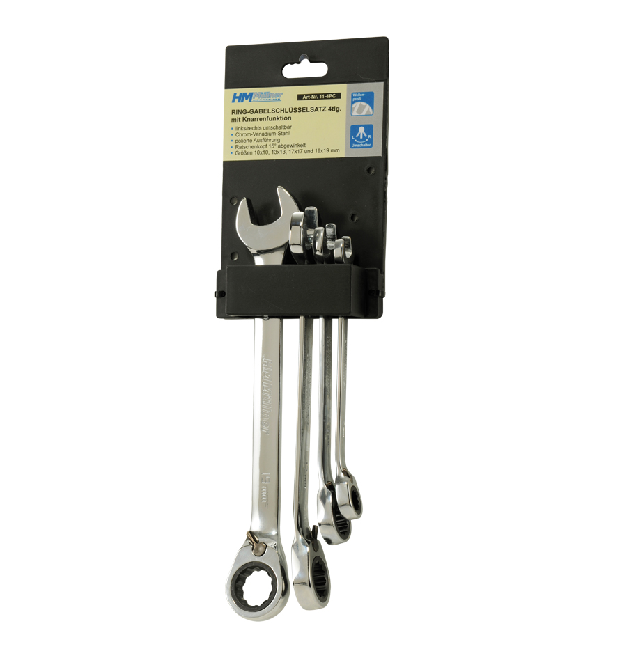 11-4PC Ring-Gabelschl.-Satz 4 tlg CV Ratsche,10-19mm,Clip,Umschal.