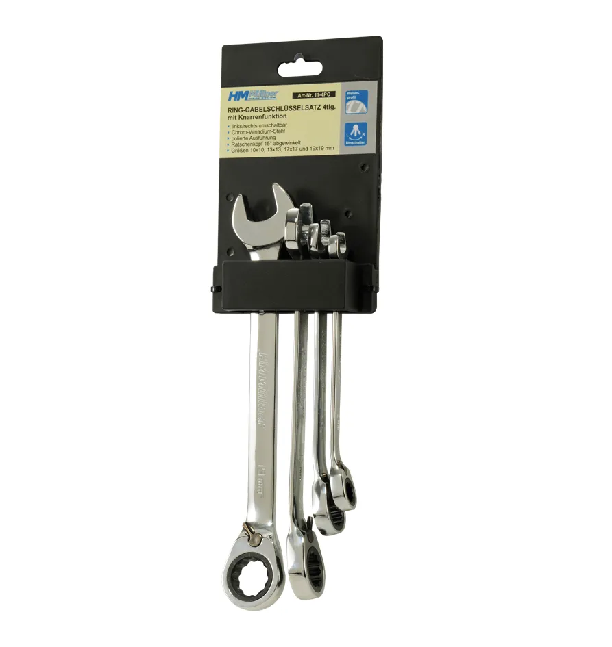 11-4PC Ring-Gabelschl.-Satz 4 tlg CV Ratsche,10-19mm,Clip,Umschal.