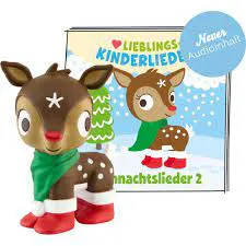 Rentier-Spielzeug, Holzfigur, brauner Plüsch, grüne Schal, rote Schuhe