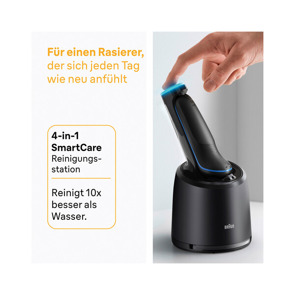 Elektrischer Rasierapparat, Fehrmesser, Reinigungsstation, Ladestation, schwarz