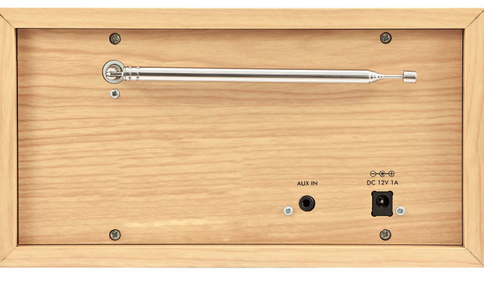 Holzpanel, Metallstab, Vorderansicht, Schraubenlöcher, Aux-In