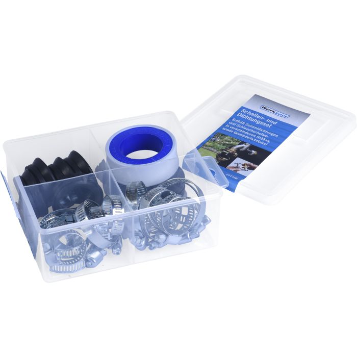 Schlauchschelle, Bandschelle, Gummidichtung, Abstandsring, Aufbewahrungsbox