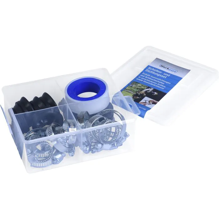 Schlauchschelle, Bandschelle, Gummidichtung, Abstandsring, Aufbewahrungsbox