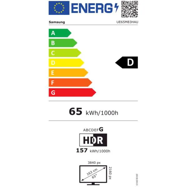 energieeffizienz, 65 kWh/1000h, HDR-display, Helligkeit, Abmessungen 163 cm 65"