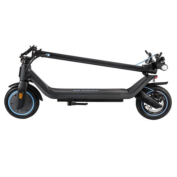 Elektrischer Roller, faltung, schwarz, blaue Akzente, Scheibenbremse