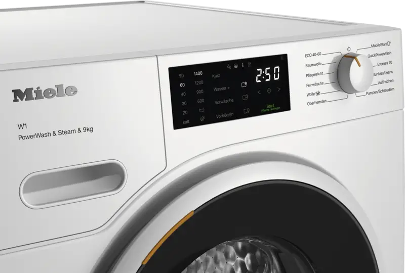 Waschmaschine, Frontlader, weißes Gerät, digitales Display, Bedienungsscheibe