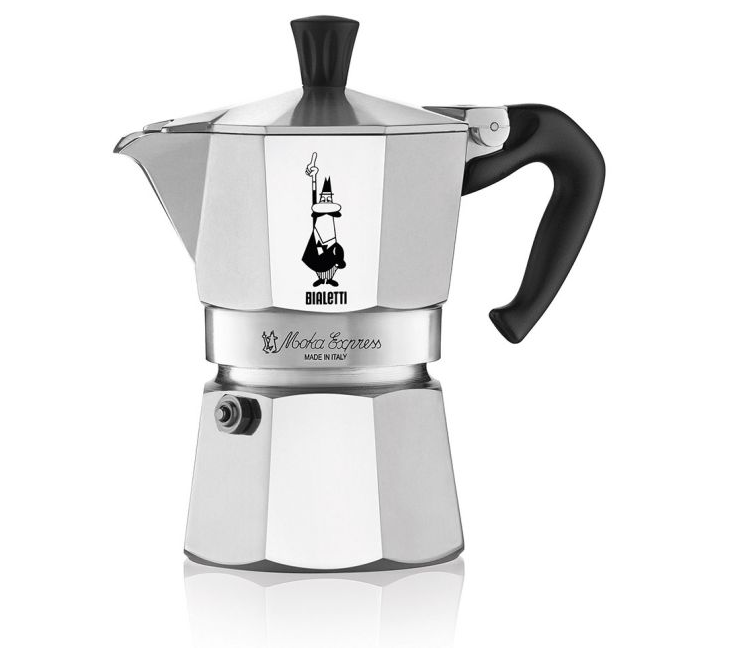 Espressokocher, Aluminium, silberfarben, schwarzer Griff, achteckig