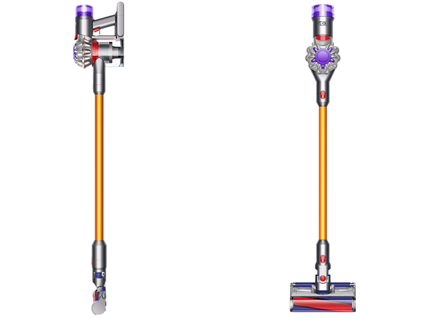 stielstaubsauger, kabellos, orangeer schlauch, motorisierte bürste, aufsatz