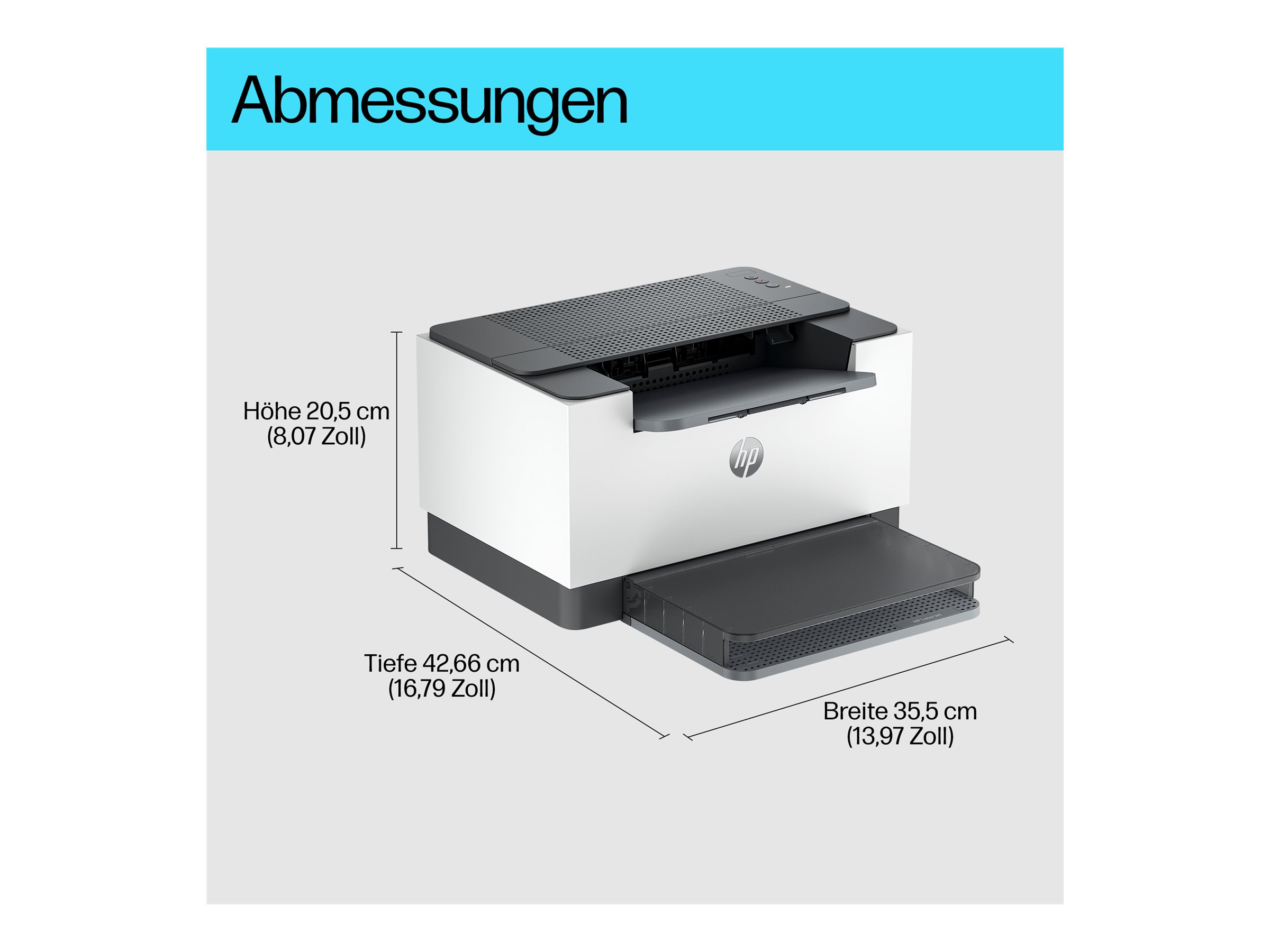 Laserdrucker, weiß und grau, kompaktes Design, Papierfach, Abmessungen