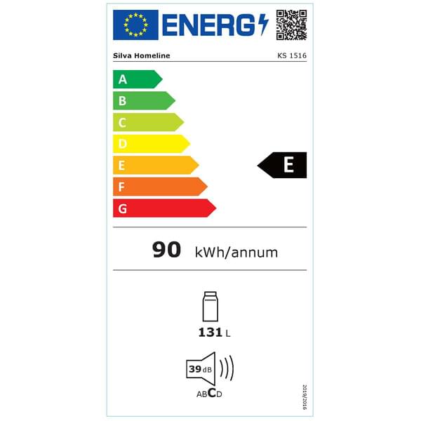 Energieetikett, 90 kWh/Jahr, 131 L, Flaschen-Symbol, 39 dB