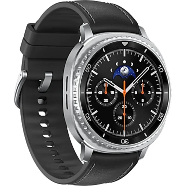 Smartwatch, schwarzes Armband, Analog-Dial, Chronograph, silberner Rahmen