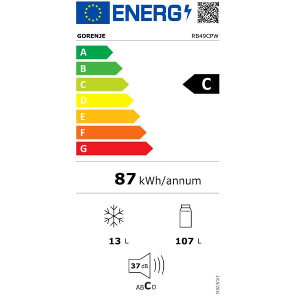kühlschrank, energiekennzeichnung C, 87 kWh/Jahr, 13 l, 107 l, geräuschpegel 37 dB, schneeflocken-symbol, Milchflasche