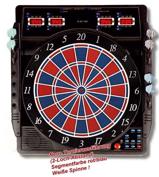 dartscheibe, elektronische dartscheibe, dartboard-schrank, rote blaue segmente, punktezähler displays