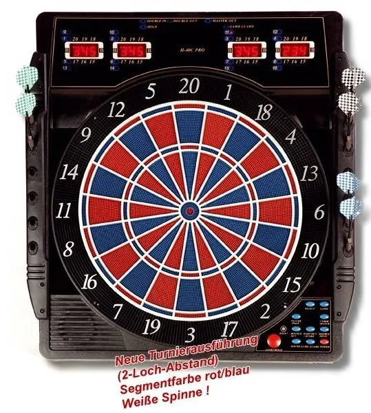 dartscheibe, elektronische dartscheibe, dartboard-schrank, rote blaue segmente, punktezähler displays