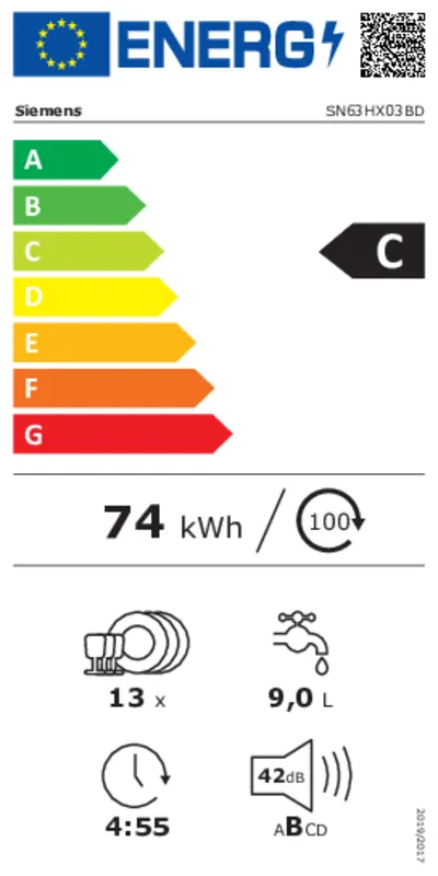 Energielabel, Effizienzklasse C, 74 kWh, Wasserkapazität 9 L, Lärmemission 42 dB