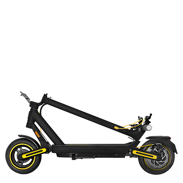faltbares Roller, elektroroller, schwarz Rahmen, gelbe Akzente, hinterrad Scheibenbremse